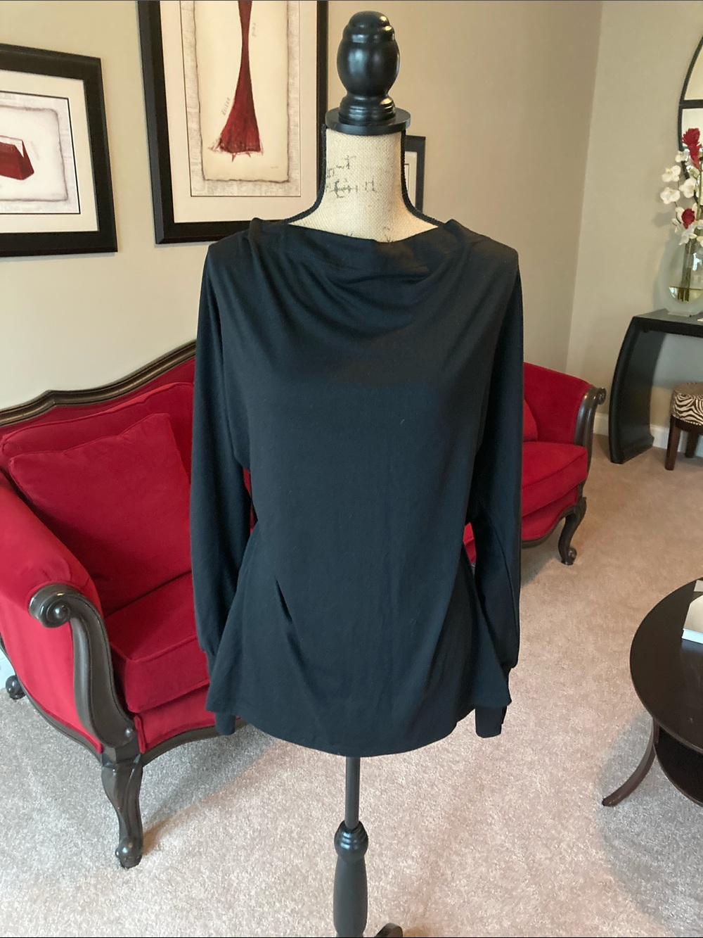 Classic Black Draped-Neck Long Sleeve Top